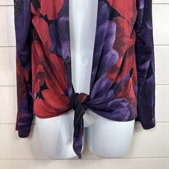 Chico's Travelers Ribbed Tie Front Cardigan Purple Red Floral sz 1 / Medium - Picture 4 of 7